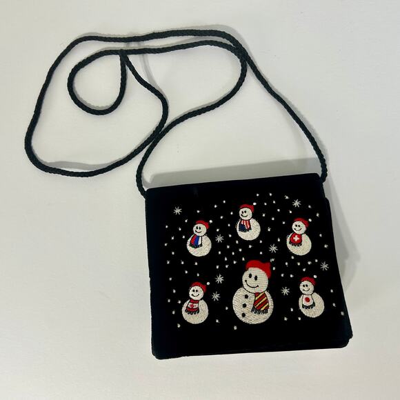 Lord & Taylor Holiday Purse Velvet Snowman Embroidered Evening Bag 6" x 5.5" - Picture 1 of 9